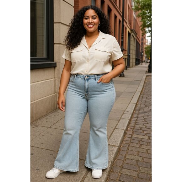 PTCL Ethikal Brand Flare Wide-Leg Jeans Sustainable Denim Star Back Detail Sz 31 - Picture 1 of 9